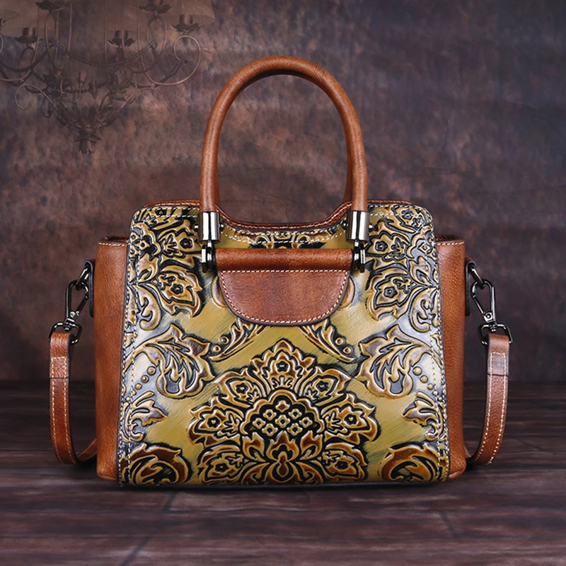 Высококачественная сумка из натуральной воловьей кожи с тисненой верхней ручкой, Женская винтажная сумка с цветочным принтом, новая женска... Высококачественная сумка из натуральной воловьей кожи с тисненой верхней ручкой, Женская винтажная сумка с цветочным принтом, новая женска...