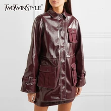 TWOTWINSTYLE повседневное искусственная кожа женские куртки воротник с лацканами длинным рукавом хит цвет свободные осенние пальто женская модная одежда