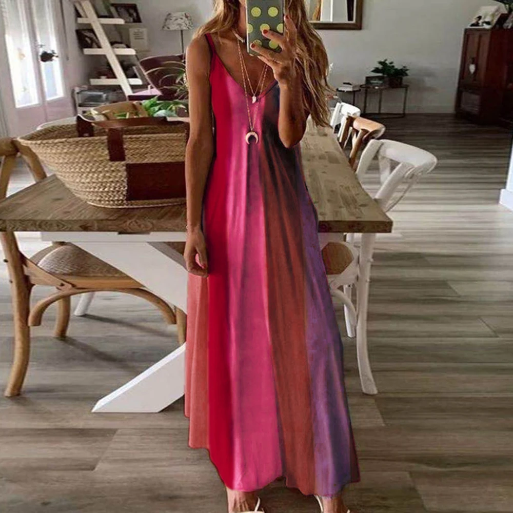 CYSINCOS Women O-Neck Midi Dress Summer Beach Sundress Printed Sleeveless Casual Daliy Boho Long Maxi Dress Vestidos De Verano