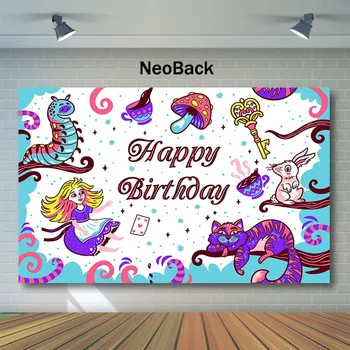 

NeoBack Magic World Happy Birthday Photography Backdrops Children's Birthday Party Backdrop Mushroom Cat Photo Background