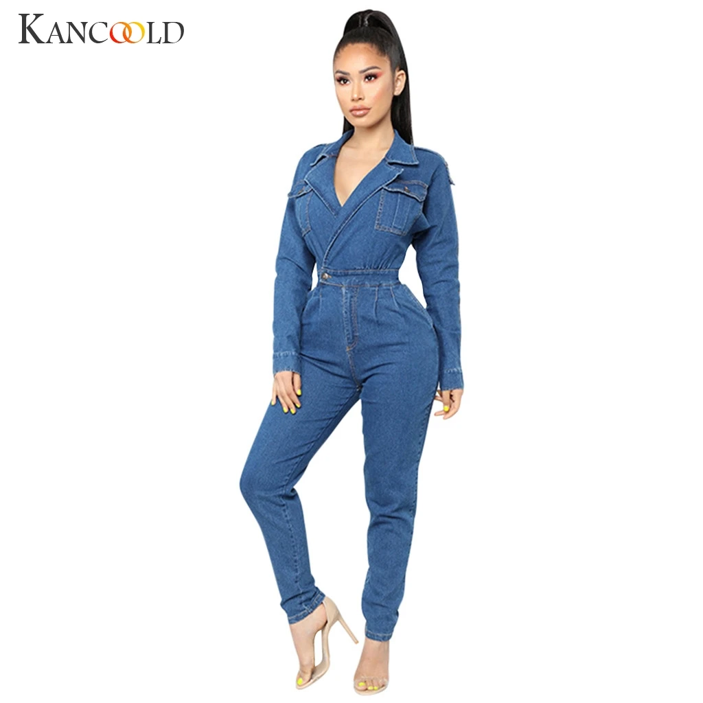 

KANCOOLD 2019 Women Denim Jumpsuit Ladies Long Sleeve Jeans Rompers Female Casual Plus Size Denim Overall Playsuit With Pocket