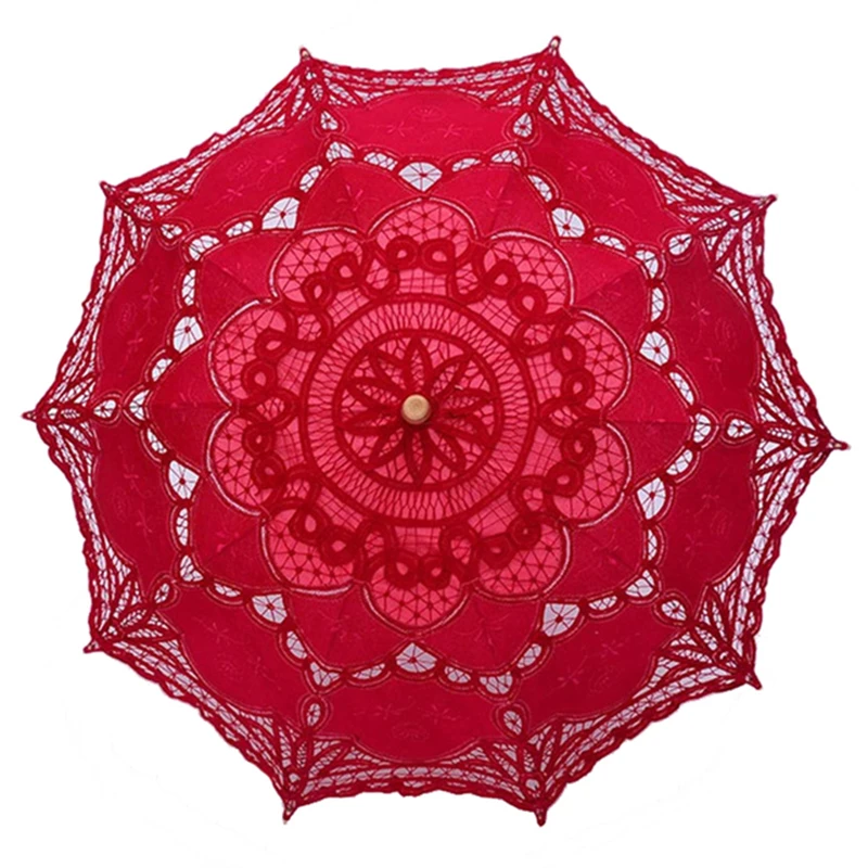 Lace Parasol Umbrella Vintage Wedding Bridal Umbrella For Bridesmaids White Red Pink Cotton Wooden Handle Decoration