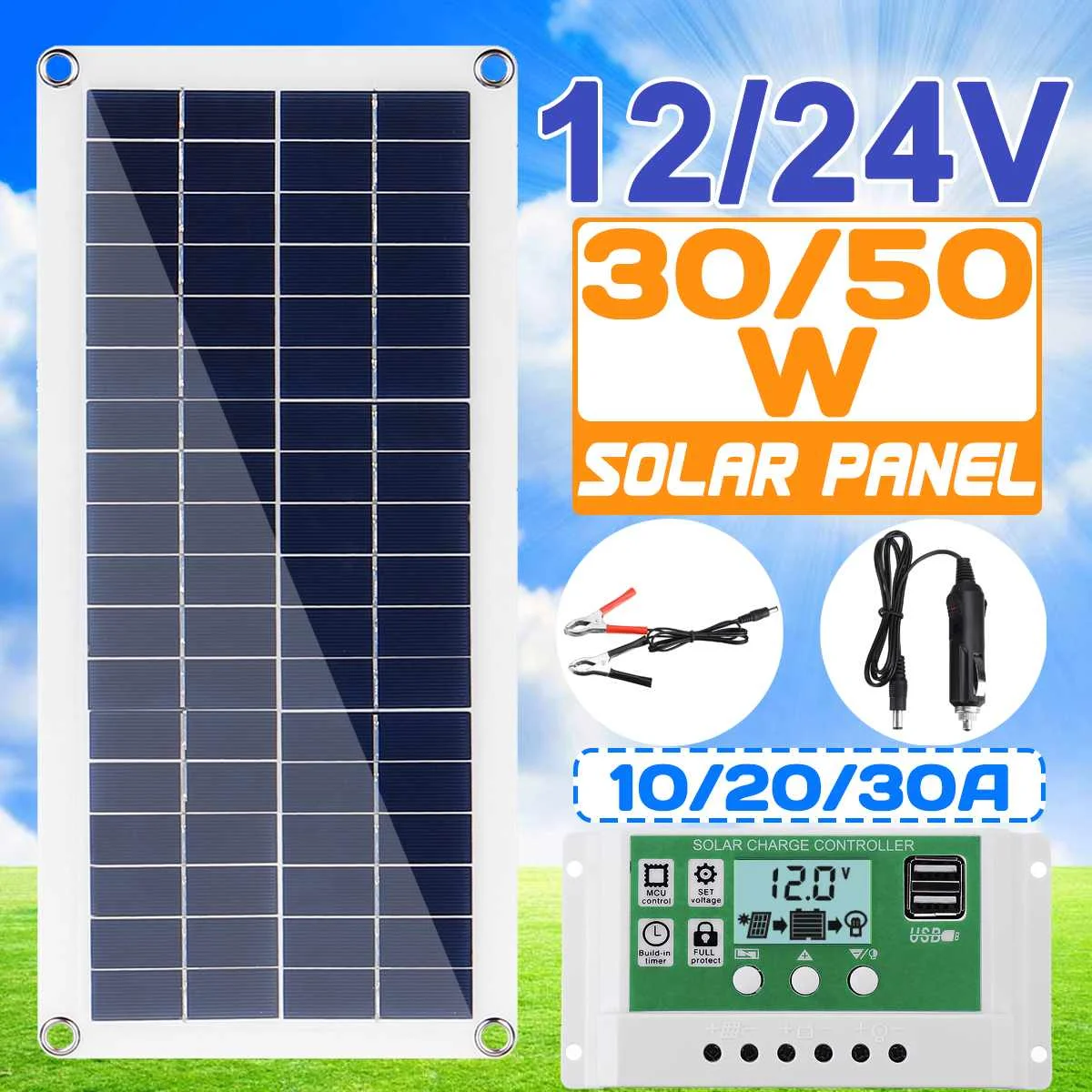 

30W/50W Solar Panel Dual USB Output Solar Cells Poly Solar Panel 10/20/30A Controller for Car Yacht 12V Battery Boat Charger