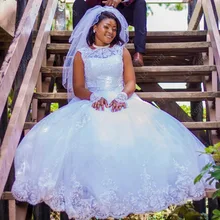 

Plus Size African Lace Applique Wedding Dresses Sweep Train Tank Sleeveless A-Line Bridal Gowns Court Train Vestidos De Noiva