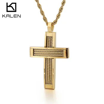 

KALEN Fashion Cross Pendant Necklace For Men Prayer Stainless Steel Dubai Gold Black Crux Chain Choker Christ Jewellry