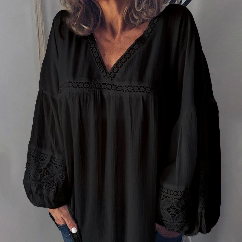Модная кружевная Лоскутная Блузка Женская Туника ZANZEA Сексуальная V Шея Blusas женские рубашки с буфами на рукавах размера плюс Прозрачные топы - Цвет: Черный