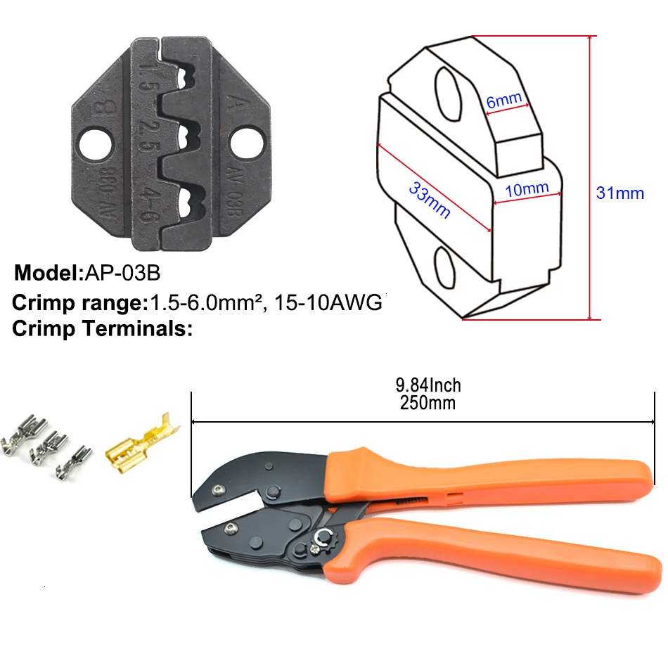 Обжимной инструмент 250 мм трещотка провода щипцы и сменные штампы для термоусадочных разъемов неизолированные наконечники - Цвет: 03B