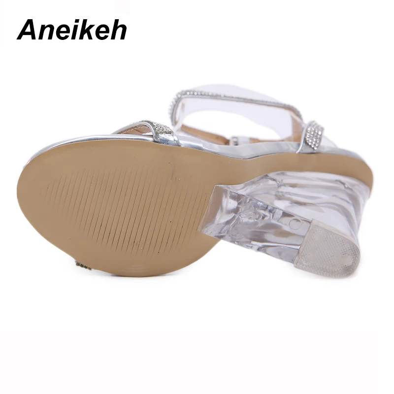 Aneikeh из искусственной кожи с пайетками; Модные женские босоножки с пряжкой и со вставкой из прозрачного пластика; Туфли на танкетке/высоком каблуке открытый носок вечерние лодочки, сандалии, обувь Размер 35–40
