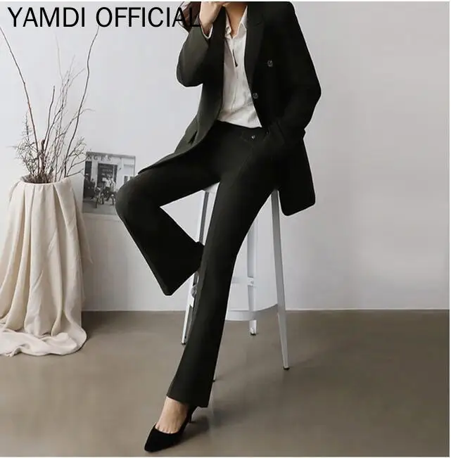 YAMDI женский Подиум однотонный черный женский брючный костюм женский офисный двубортный Блейзер брюки-карандаш комплект из 2 предметов