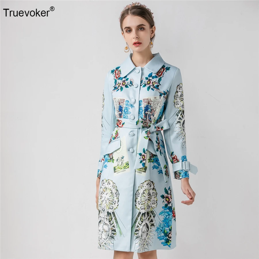 

Truevoker Designer Trench Coat Women's Long Sleeves Colourful Floral Printed Blue Winter Outerwear Runway Overcoat