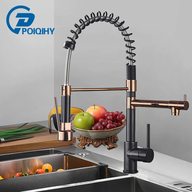 

Black Rose Gold Spring Kitchen Faucet Pull Down Kitchen sink Faucets Dual Swivel Spout Kitchen Crane Hot Cold Water Mixer Taps