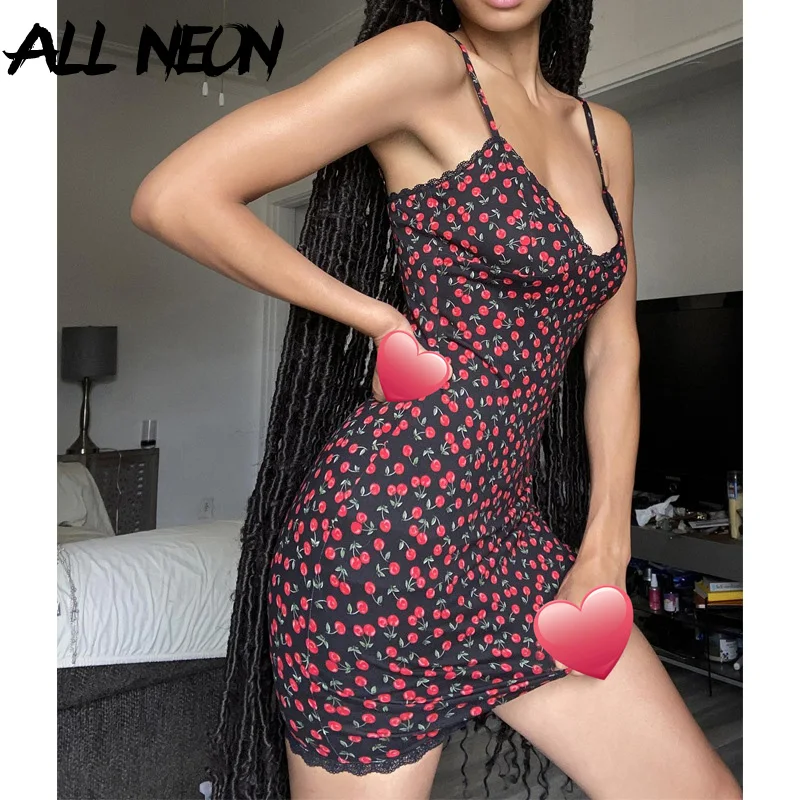 ALLNeon 2000s Fashion Y2K Lace Trim Bodycon Summer Dress Kawaii Vintage Cherry Print Cami Dress Sexy Clubwear Backless 2021 New slip dress