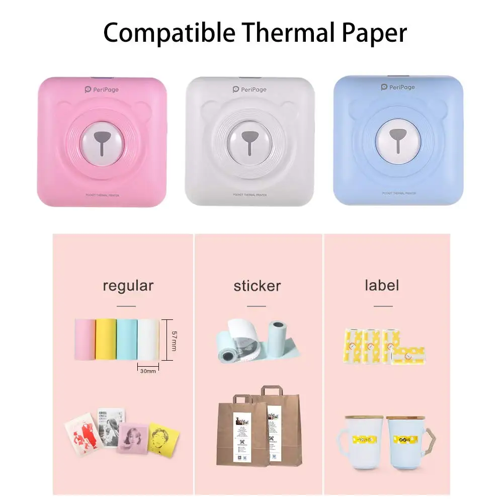 PeriPage Mini Pocket Wireless BT Thermal Printer Picture Photo Label Memo Receipt Paper Printer with USB Cable Support for Android iOS Smartphone Windows GOOJPRT Thermal Printer 