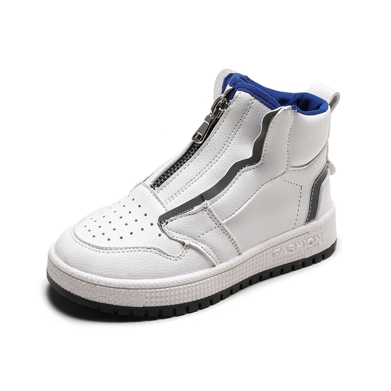 Детская обувь повседневные кроссовки Детская спортивная обувь на молнии Высокие Топы для мальчиков обувь для бега для девочек дышащие мягкие модные брендовые 26-36 - Цвет: Белый