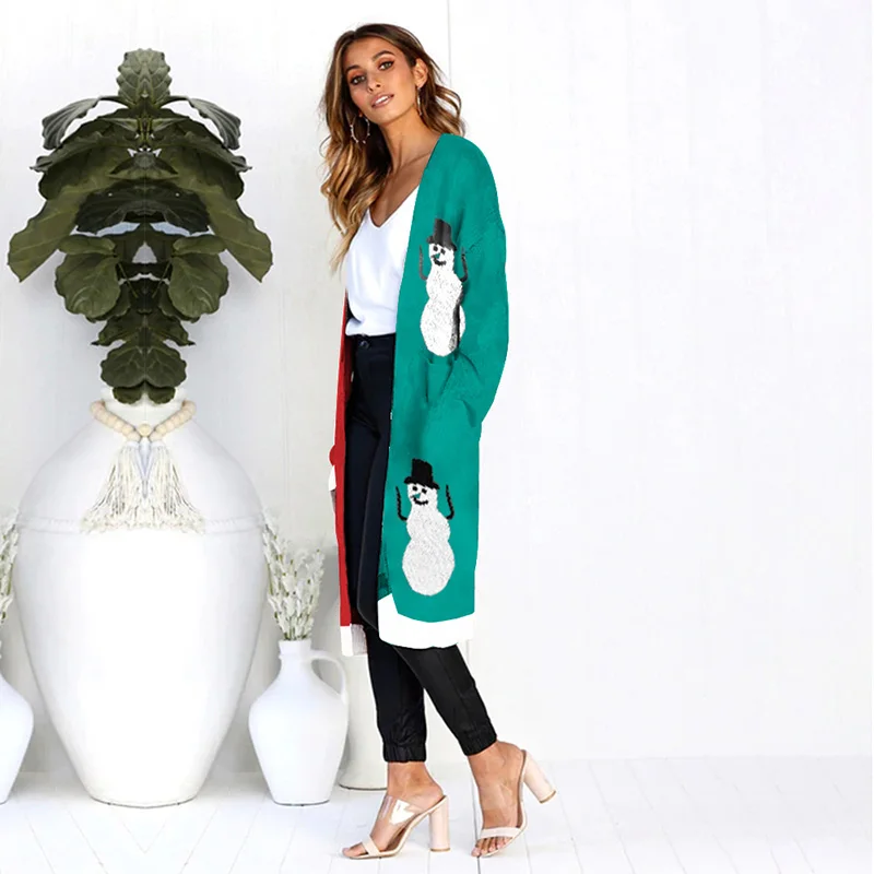 snowman Fitshinling Мода зимний Кардиган женский свитер с длинными рукавами Boho леопардовые карманы Тонкий длинный кардиган вязаный жакет женский - Цвет: snowman