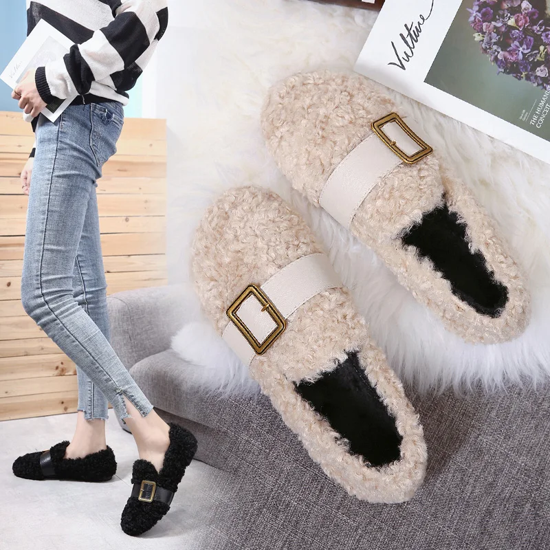 

Women Shoes Woman 2019 Flats Women's Moccasins Round Toe Buckle Strap Shallow Mouth Loafers Fur Low Heels Casual Female