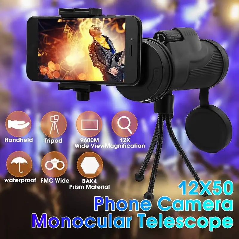 9600M HD 12X50 Универсальный монокулярный телескоп с зумом для телефона, для улицы, кемпинга, походов, игр, концертов с держателем телефона и штативом