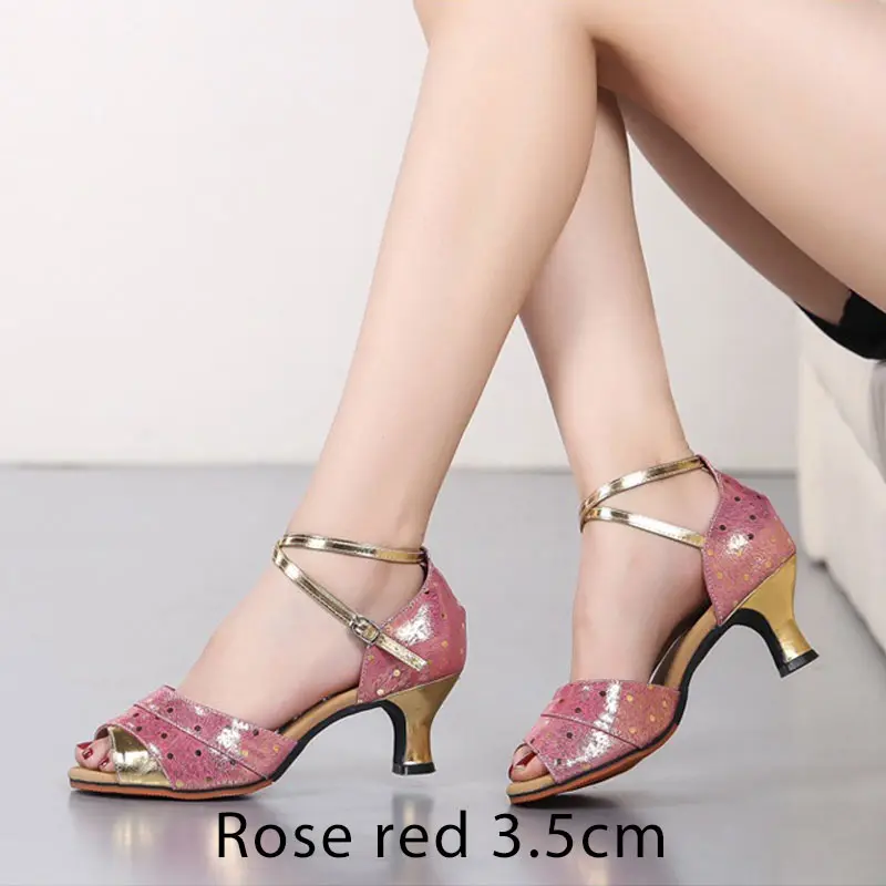 Rose red 3.5cm Из ткани, расшитой пайетками; Для женщин Туфли для латинских танцев сальса; бальные танцы; Танго Танцы туфли женские туфли на высоком каблуке Waman летние сандалии - Цвет: Rose red 3.5cm