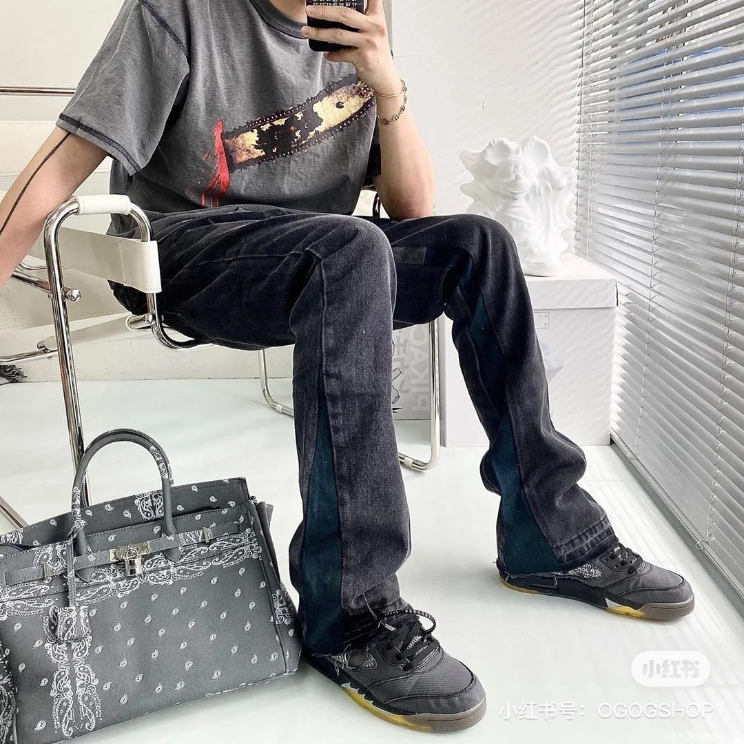 M&Catree Y2K Streetwear Flared Jeans Baggy Bootcut Denim Broek met Pearl Design en Zakken Hip Hop Cowboy Stijl, Blauw, L
