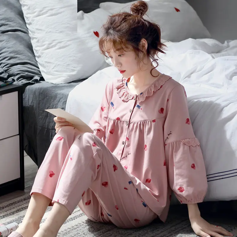 

Pajamas Set Women Sweet Princess Cute Cotton Pyjamas Sexy Full Sleeve Autumn 2Piece/Set Home Mom Sleepwear Wholesale