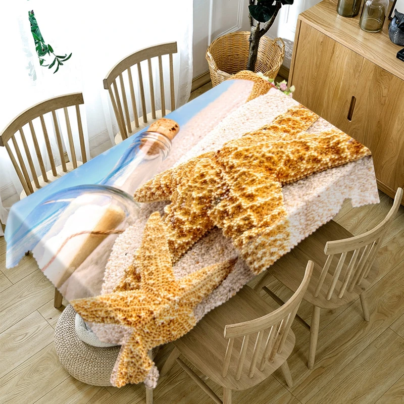 

3D Sea Star Conch and Drift Bottle Pattern Tablecloth Thicken Cotton Rectangular/Round Table Cloth for Wedding Picnic Party