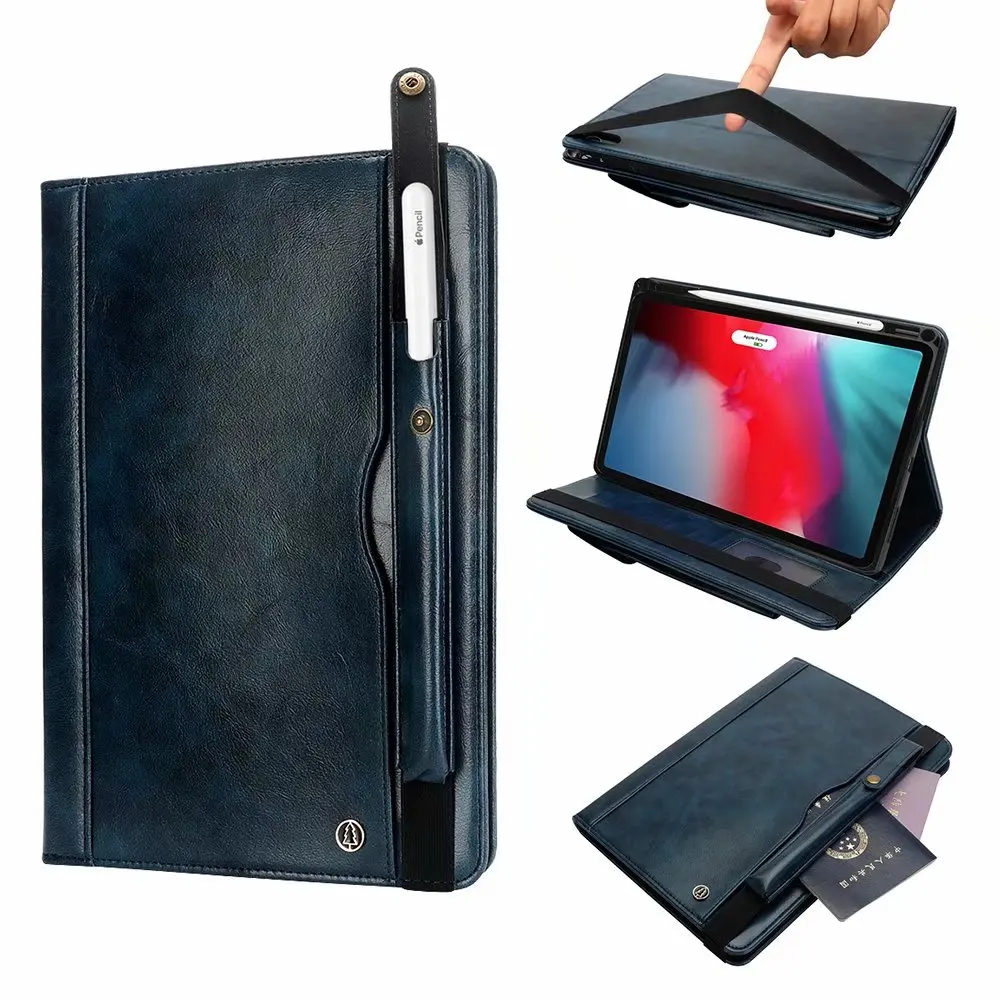 Кожаный чехол для планшета для IPad Pro 11, подставка-держатель, защитный чехол-кошелек+ ручка - Цвет: Dark blue