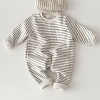 2024 Spring New Baby Striped Romper Boys Girls Simple Striped Casual Jumpsuit Winter Infant Fleece Warm Clothes 2