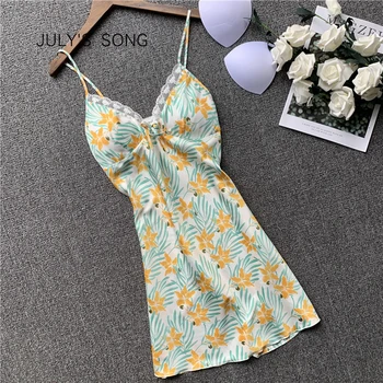 

JULY'S SONG Faux Silk Women Nightdress 2020 New Summer Above Knee Suspender Dress Sleeveless Night Robe