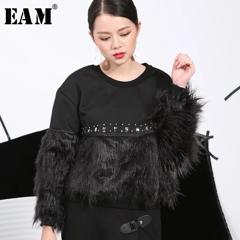 [EAM] свободный крой, черный тканый свитер, новинка, круглый вырез, длинный рукав, для женщин, большой размер, модный стиль, Осень-зима, 1A413