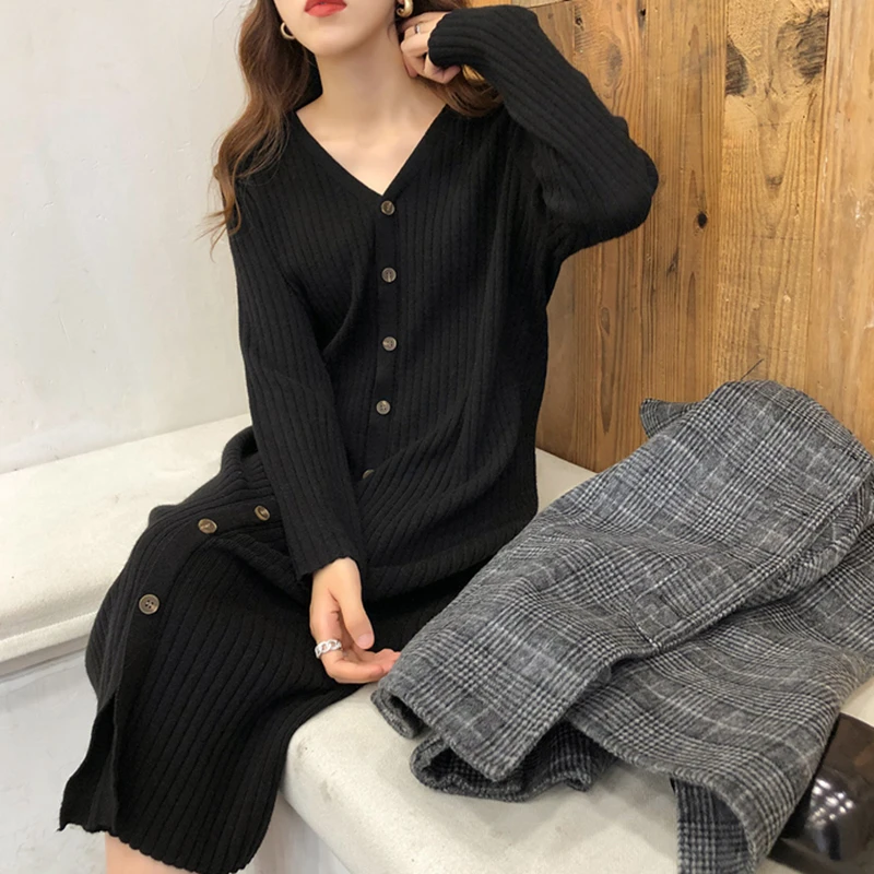 2207# Autumn Winter Korean Fashion Knitted Maternity Long Sweaters Loose Dress Clothes for Pregnant Women Chic Ins Pregnancy