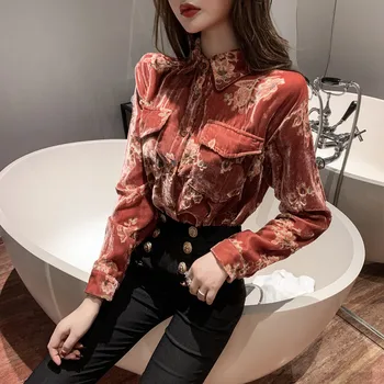 

women vintage floral blouse velvet blouse red black with pockets temperament high-end single breasted long sleeve shirt RU368
