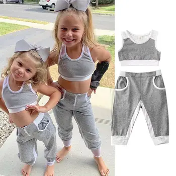 

1-5Y Summer Causal Infant Kids Girls Clothes Sets Sleeveless Solid Vest Tops+Long Pants Grey Sports Outfits