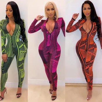 

Elegant Jumpsuit One Piece Woman 2020 Summer Fashion Women Color Long Sleeve Jumpsuits Geometric Print Zipper Ladies Lycra