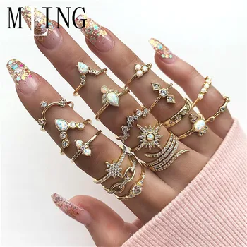 

MLING 17 Pcs/Set Vintage Gold Alloy Crystal Rings Bohemian Natural Stone Star Geometric Rings Set for Women