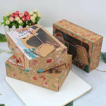 

Christmas Candy Cookie Box with Clear Window and Ribbons Kraft Paper Box for Gift Giving Christmas Party Supplies YU-Hom