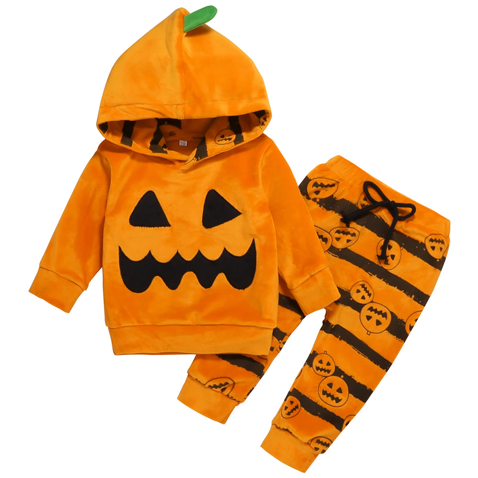 

Newborn Baby Boy Girl Pumpkin Cosplay Costume Winter Warm Flannel Hoodie Sweatershirt Halloween Pumpkin Print Striped Pants Sets