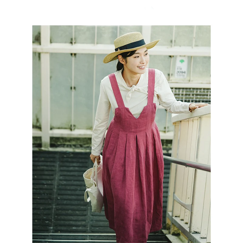 INMAN 2020 Autumn New Arrival Artsy All Match Linen and Cotton V Neck Loose Style Women Suspender Dress INMAN 2020 Autumn New Arrival Artsy All Match Linen and Cotton V Neck Loose Style Women Suspender Dress