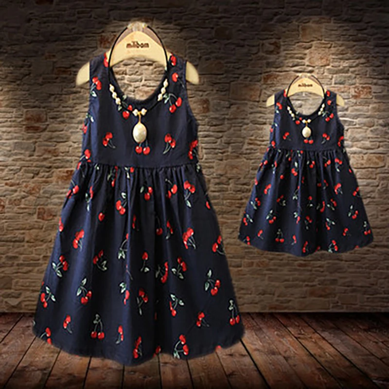 

Family Matching Clothes Mommy and Me Clothes Casual Summer Matching Mother Daughter Dresses Plus Size Lady Cherry Print Cotton