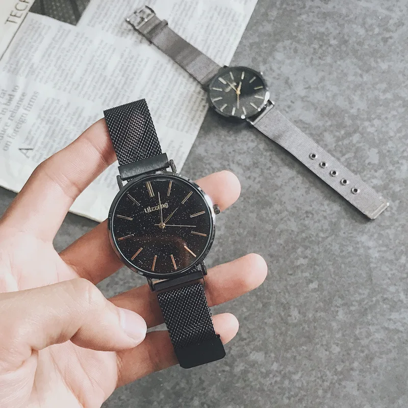 

Fashion Casual Boys Watches Thin Starry Dial Design Clock Luxury Male Quartz Watch Leather Mesh Strap Reloj Mujer Mens Gifts
