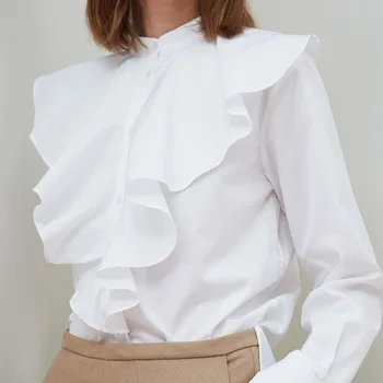 

Ruffles Stand Collar Collar Women OL Shirt Long Sleeve Simple White Lady Office Wear Blouse And Top New