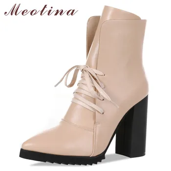 

Meotina Winter Ankle Boots Women Boots Lace Up Chunky High Heels Short Boots Fashion Pointed Toe Shoes Female New Autumn Size 39