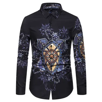 

Kcoyster Casual Shirts Men Long Sleeve Meteor Hammer Print Shirts Men Slim Fit Turn Down Colllar Autumn Camisas Men Streetwear
