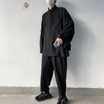 

Male Vintage Long Sleeve Loose Pullover Casual Shirt Couple Streetwear Shirt Trousers Men 2 Pieces Sets Suits Shirt Pant