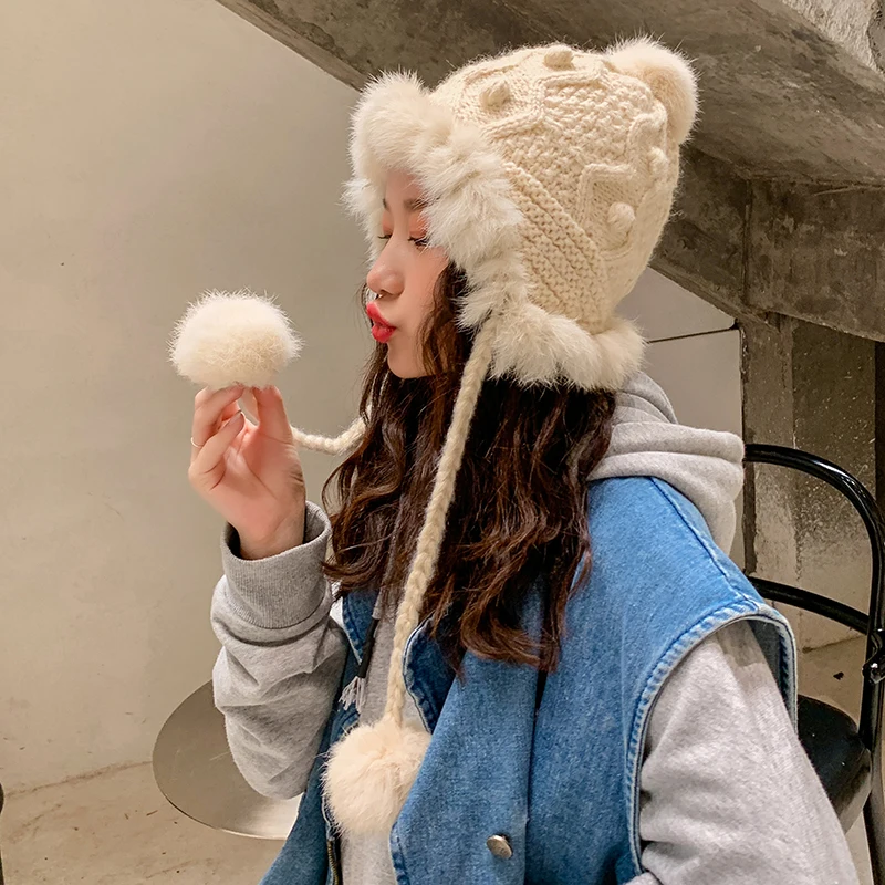 

[Rancyword] Winter Hats Beanie For Women Real Rex Rabbit fur Hat Warm Ears Hat Cap High Quality Natural Fur Hat 2020 New GJ3173