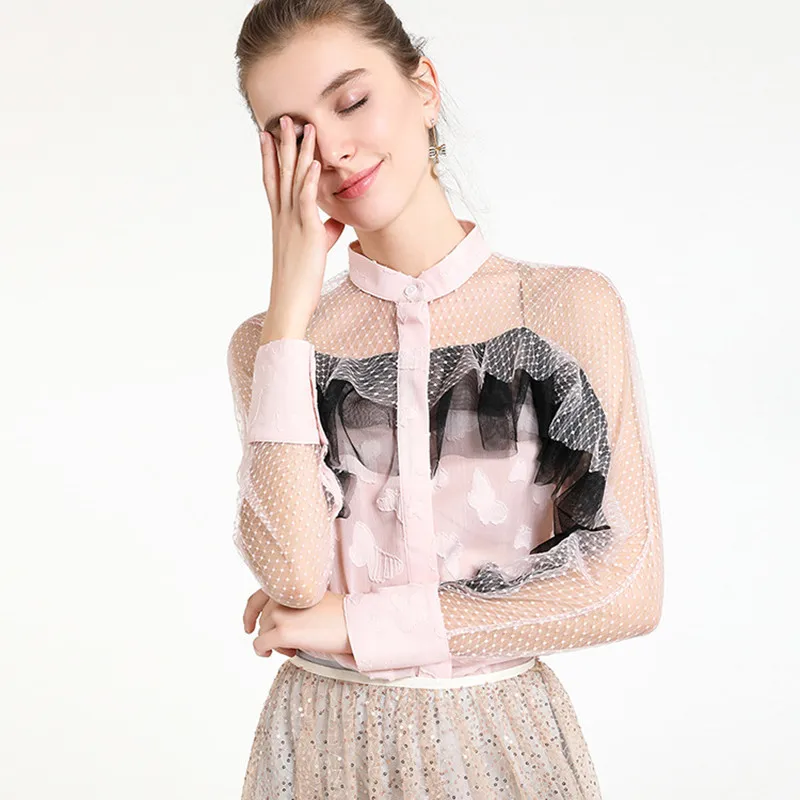 pink Роскошная женская рубашка Топ осень прозрачная в горошек вышивка сетка Женская блузка с оборками корейская мода белая кружевная блузка - Цвет: pink