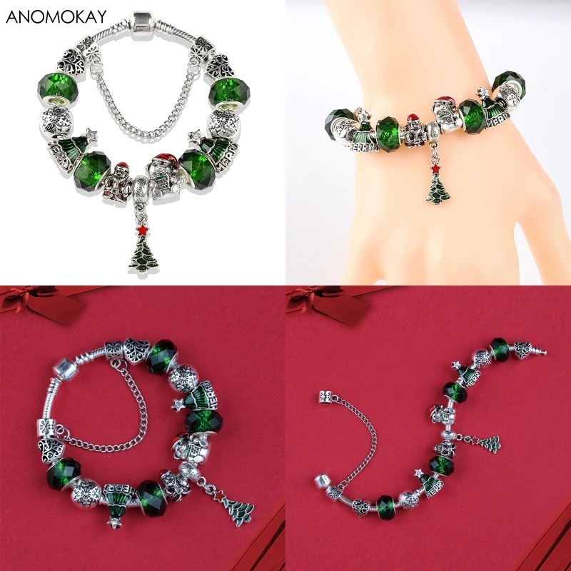 European& American Trendy Christmas Apple Charm Bracelet& Bangle Red Flower Crystal Diy Bead Bracelet Jewelry for Women