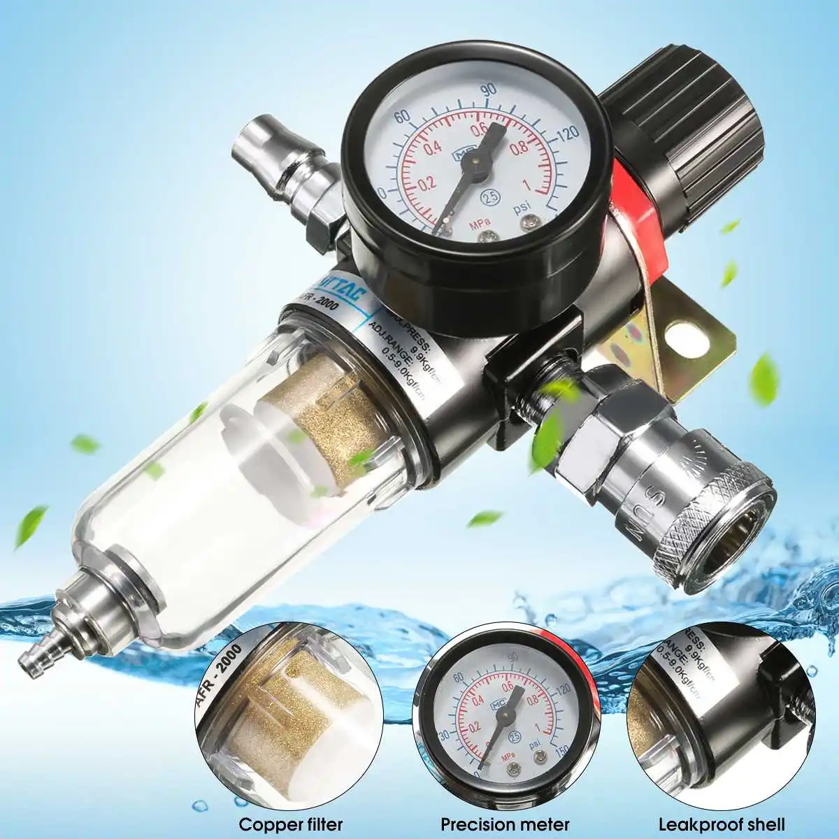 

1/4'' Air Compressor Filter Set 30-120PSI Oil Water Separator Trap Tools With Regulator Gauge 40micron Particulate Filtration