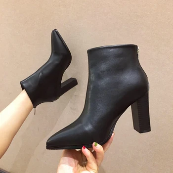 

New Winter Woman Boots High Heels Boots 2019 Slip On Black Pointed Toe Elegant Ankle Boots Rubble Sole Women's and ankle boots