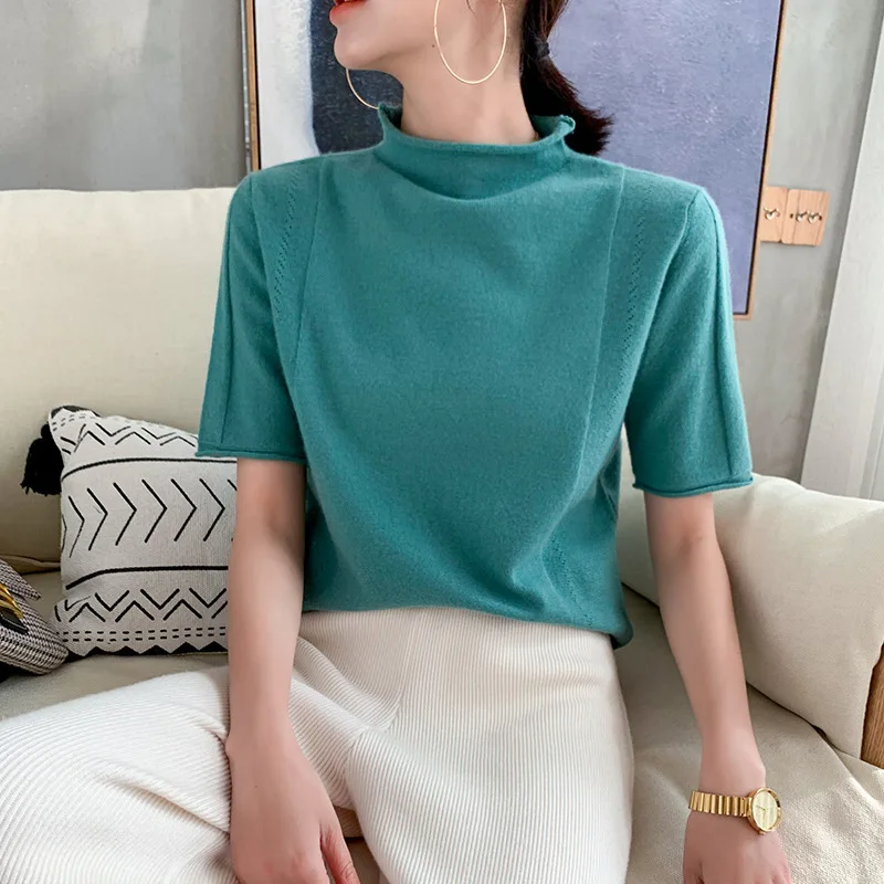 

Half-Turtle-Neck Sweater Women's Spring And Autumn New Style Half-sleeve Shirt Tops Sweater Thin Half Sleeve Woollen Sweater Sho
