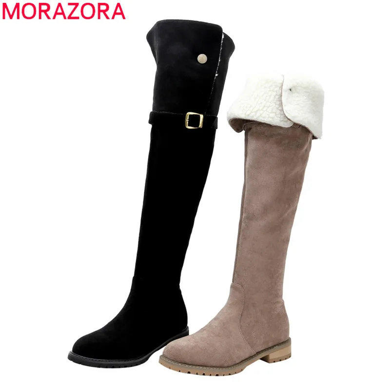 MORAZORA/ г. Новое поступление, зимние однотонные Сапоги выше колена теплые женские сапоги на низком каблуке с круглым носком большой размер 33-42